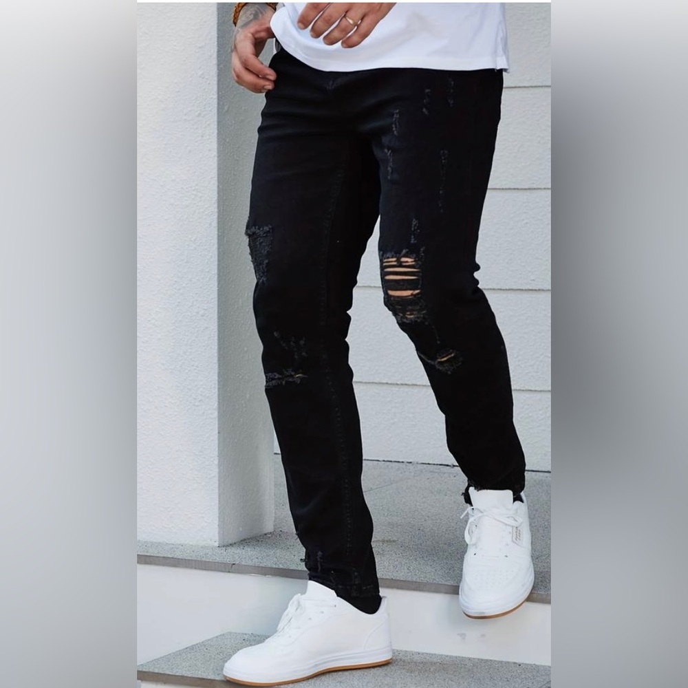Slim Fit Ripped Cotton Jeans, Men's .